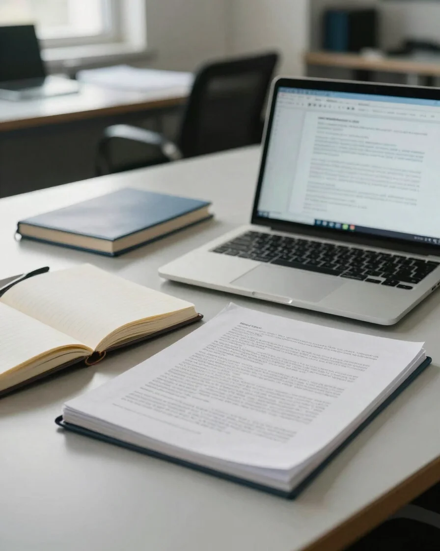 A quiet newsroom desk in soft natural daylight, notebooks, a prin